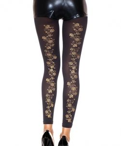 Golden-Floral-Print-Spandex-Opaque-Leggings